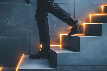 Wall Mural - Businessman climbing up the glowing stairs. Concept of success