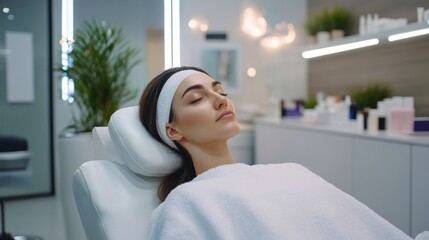 Sticker - A woman in a white robe sitting on the table at a spa, AI