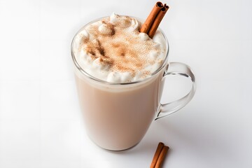 Wall Mural - A hot chai latte with a cinnamon stick and a sprinkle of spice on top on a white background, AI Generated