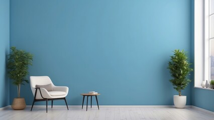 Wall Mural - Modern Living Room Interior with Blue Wall, White Chair, and Plants