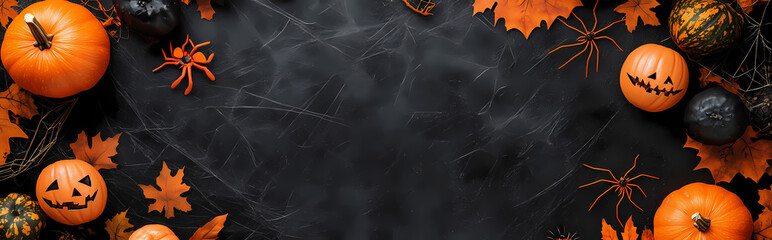 Wall Mural - Happy halloween flat lay mockup with spiders, decoration and spider web on black background. Autumn holiday concept composition. Top view with copy space. Generated ai.