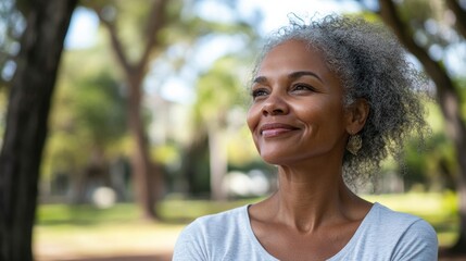 Canvas Print - A woman with grey hair smiling in a park, AI