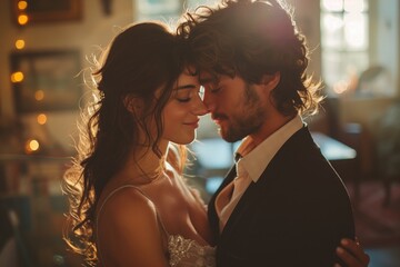 A couple dancing in their living room, with an intimate and joyful atmosphere 