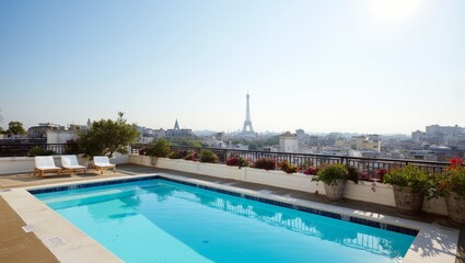 Wall Mural - Impressive penthouse terrace with a swimming pool overlooking Paris,