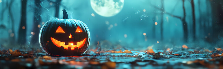 Wall Mural - Jack O’ Lantern On Table In Spooky Night - Halloween With Full Moon 