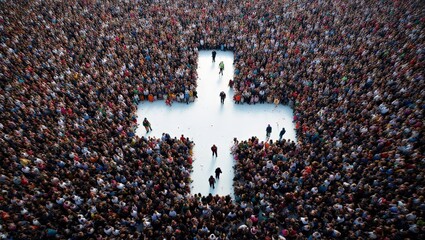 Wall Mural - aerial view of a crowd grouped in the shape of a plus sign