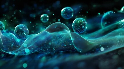 Wall Mural - glowing teal spheres floating in dark space with ethereal light trails