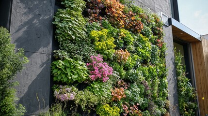 Vertical garden with diverse plants on a modern wall, showcasing urban greenery.