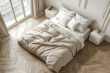 Poster - Bedroom with a contemporary white bed and beige walls. Top view.