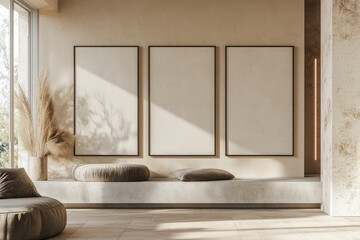 Sticker - Three empty white posters decorate the interior of a bright living room