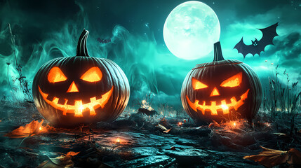 Jack O’ Lanterns Glowing At Moonlight In The Spooky Night - Halloween Scene 