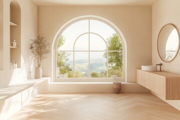 Poster - Bathroom interior in beige with sink and dresser, as well as decoration and a panoramic window