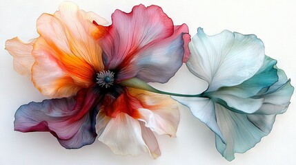   A close-up photo of two flower petals on a white background, featuring one flower in the center of each set of petals