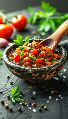 Wall Mural - Spicy Tomato Salsa with Herbs and Spices, Served in a Rustic Bowl on a Black Background