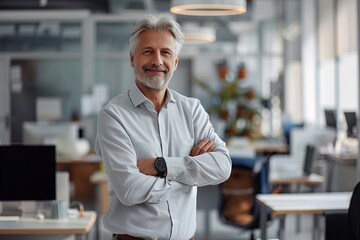 Wall Mural - Portrait of mature man with grey hair standing in business office