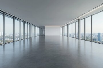 Poster - The interior of an empty white office is composed of a workspace and a glass room, with a panoramic window