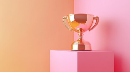 Gold cup on orange background. Achievement and recognition concept. Stock image