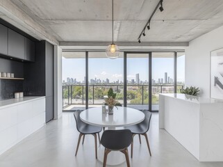 Canvas Print - The kitchen has a gray and white island and a dining table