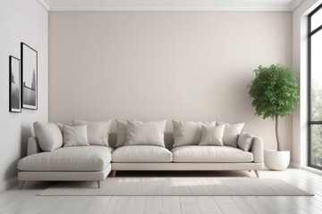 Wall Mural - White Sectional Sofa in Minimalist Living Room with Plant and Window