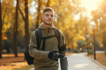 Wall Mural - Portrait of young man with prosthetic hand walking in the park