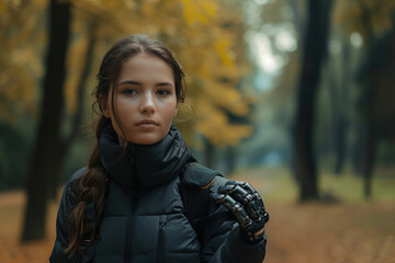 Wall Mural - Portrait of young woman with prosthetic hand walking in the park