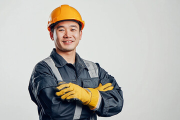 Worker wearing hard hat smiling positively