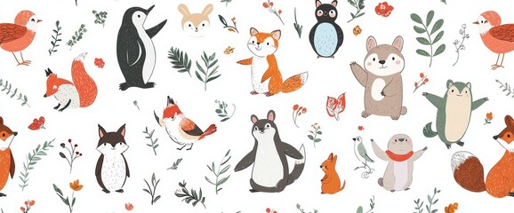 Poster - Modern set of cute animals with penguin, rabbit, monkey, owl, sloth, bear in doodle pattern. Adorable funny animals with white background.