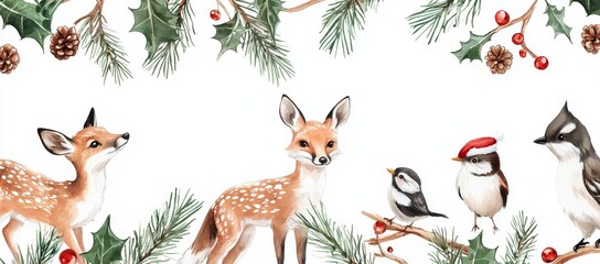 Poster - Hand-drawn watercolor illustration of fox, deer, weasel, zaihua, birds, squirrels, red berries and spiky leaves isolated on white