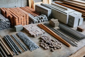 Various building materials neatly arranged on a wooden table, including bricks, concrete blocks, wooden planks, and metal rods