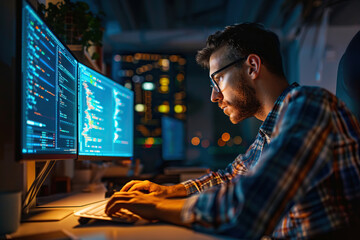 Young man programmer working in office at workplace station