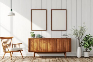 Poster - Mockup frame with drawers and art in a Scandinavian home living room