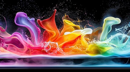   Multicolored waves on black backdrop with water splash