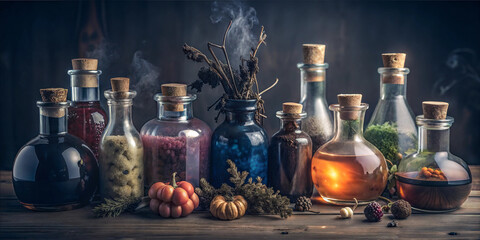 Mystical potion bottles with magical ingredients in dark, enchanted setting