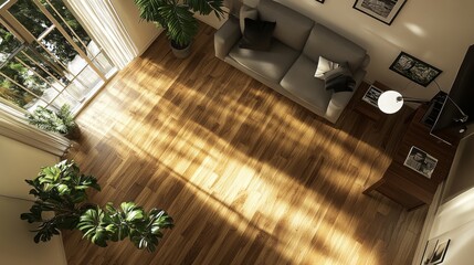 Sticker - Here is a top view of a living room setup with a couch, chairs, plants, and hardwood floors. This living room has a bright and cozy feel.