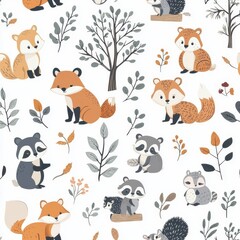 Canvas Print - Woodland animals seamless background. Wild animals and forests floral cartoon background for summer forest