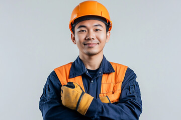 Worker wearing hard hat smiling positively