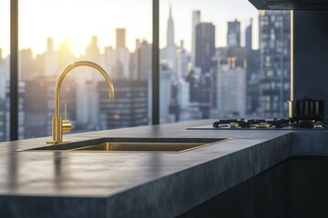 Canvas Print - This modern kitchen features a bar island, a sink, and a panoramic window.