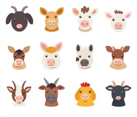 Wall Mural - Animal faces collection on white. Illustration of farm animals.