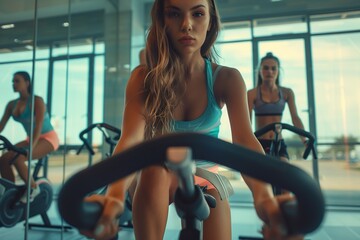 Wall Mural - Young women riding spinning bikes in modern fitness club