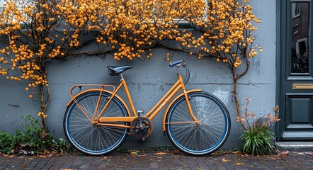 Old orange and blue bicycle parked on an old sidewalk