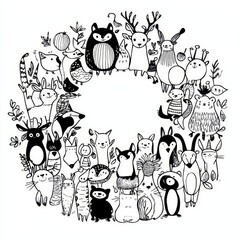 Poster - Fun forest characters with circle shape coloring page. Black and white illustrations. Template for coloring book.