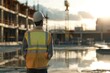 © Ева Поликарпова - A construction worker stands at the entrance of a construction site, surrounded by building materials and equipment