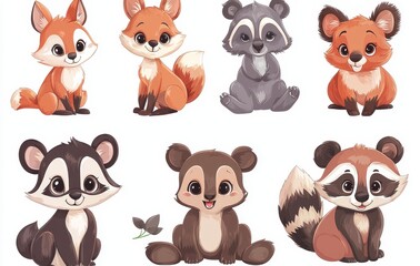 Canvas Print - This modern illustration depicts a panda, fox, bear, deer, koala, rabbit, bunny, squirrel, and raccoon while sitting on a log.