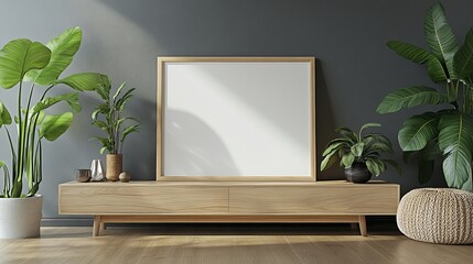 Poster - The TV screen is blank with wooden furniture and plants in a modern living room. Stock image.