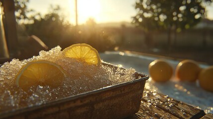 Canvas Print -   A tin filled with lemons sits atop a wooden table, surrounded by lemons strewn across the table