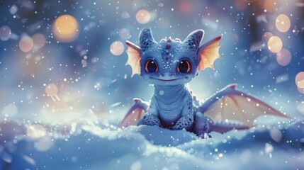 Wall Mural - A cute, small, blue dragon with large amber eyes, tiny wings, and red inner ears sits in the snow.