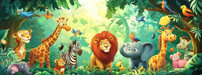 the jungle is full of cute jungle animals in nature with many adorable safari or zoo animals. a hori