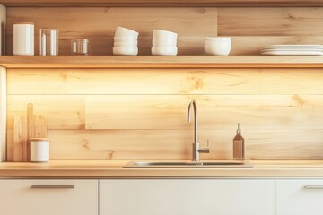 Canvas Print - An interior view of a wooden kitchen with an empty wall and a cooking cabinet