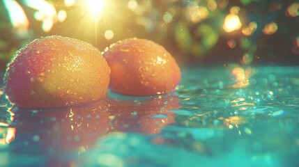 Wall Mural -  Oranges resting on glass table, droplets glistening in sunlight