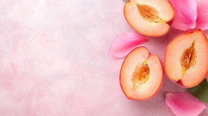   A cluster of diced peaches atop a pink background near a verdant foliage plant